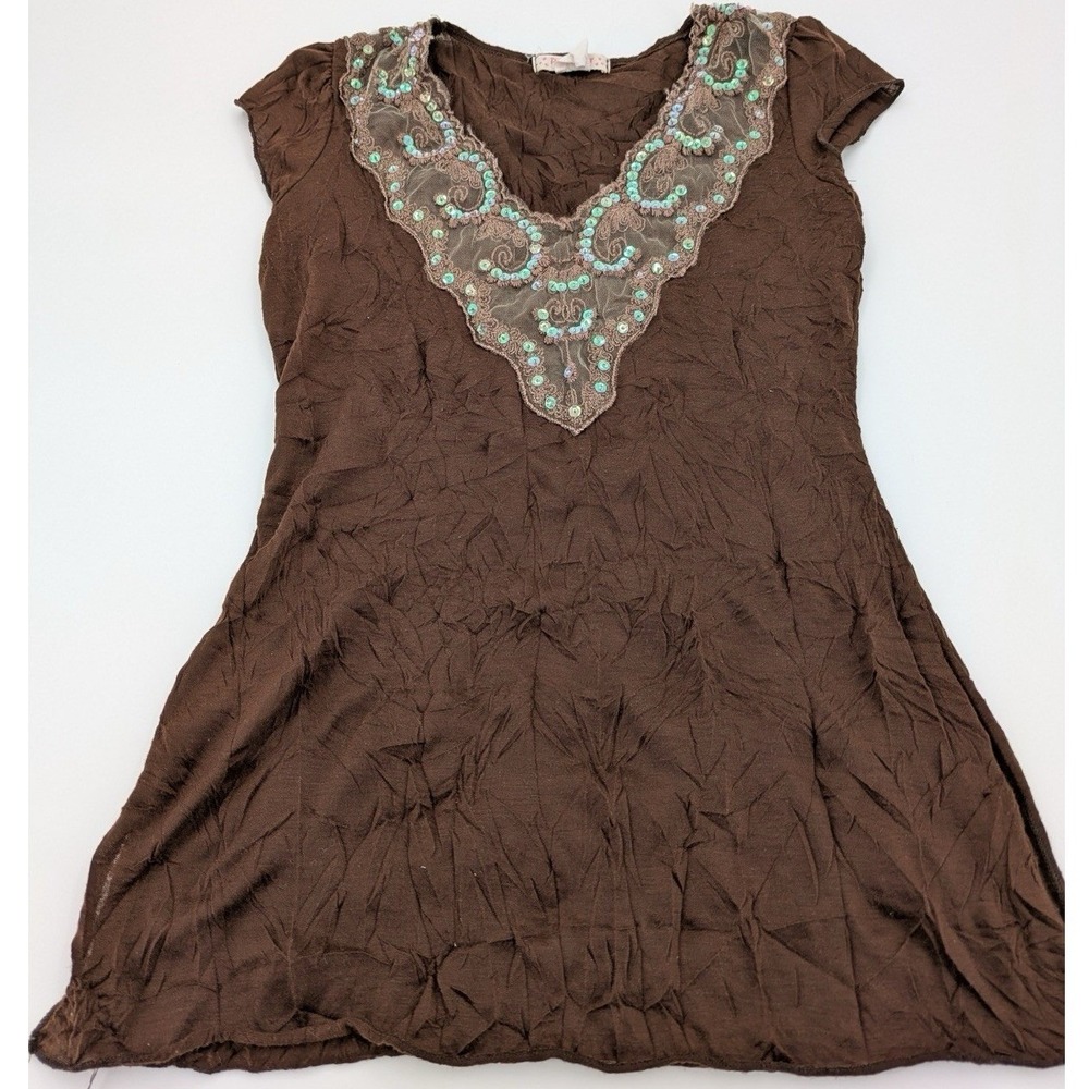 Women's M Brown Crinkle Blouse Beaded Lace V-Neck Fairy Grunge Coquette Top Med